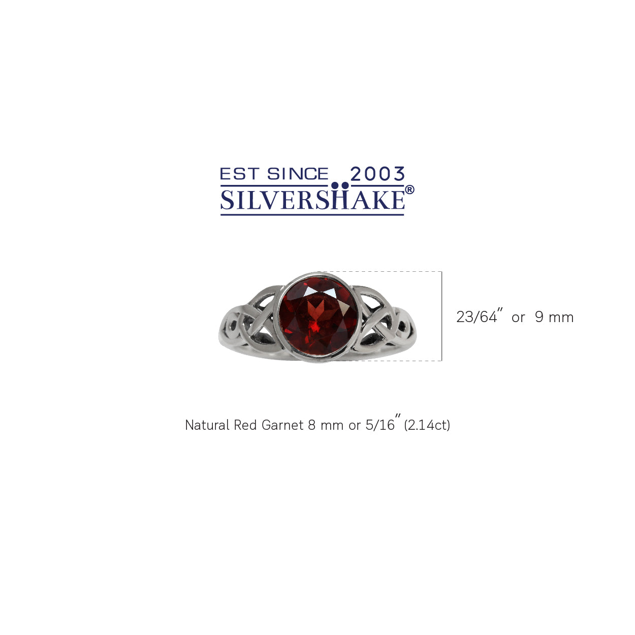 2.14ct. 8mm Natural Round Shape Garnet 925 Sterling Silver Triquetra Celtic Knot Solitaire Ring - Silvershake-store
