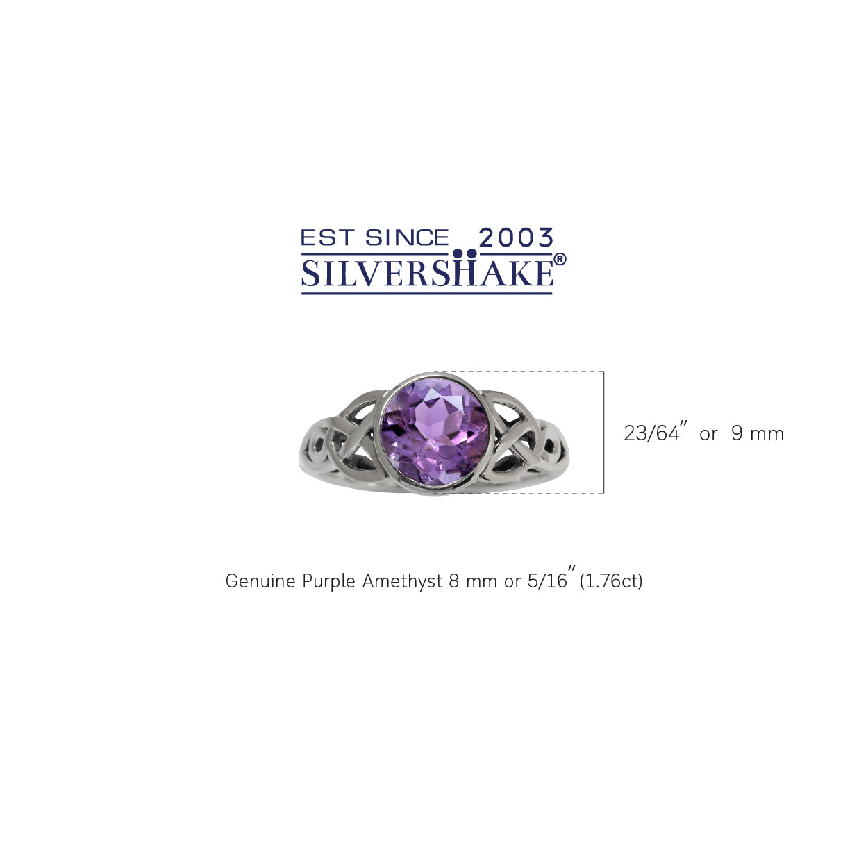 1.76ct. 8mm Natural Round Shape Amethyst 925 Sterling Silver Triquetra Celtic Knot Solitaire Ring - Silvershake-store