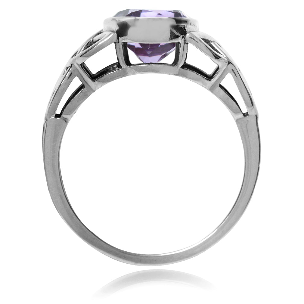 1.76ct. 8mm Natural Round Shape Amethyst 925 Sterling Silver Triquetra Celtic Knot Solitaire Ring - Silvershake-store