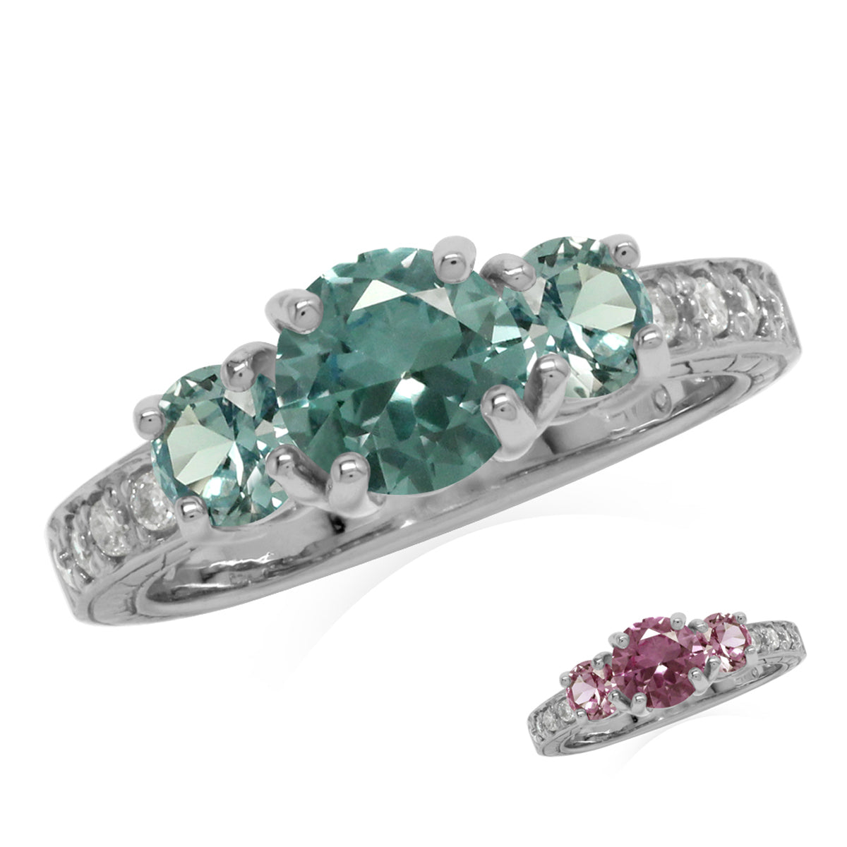 3 Stone Created Color Change Alexandrite White Gold Plated 925 Sterling Silver Ring - Silvershake-store