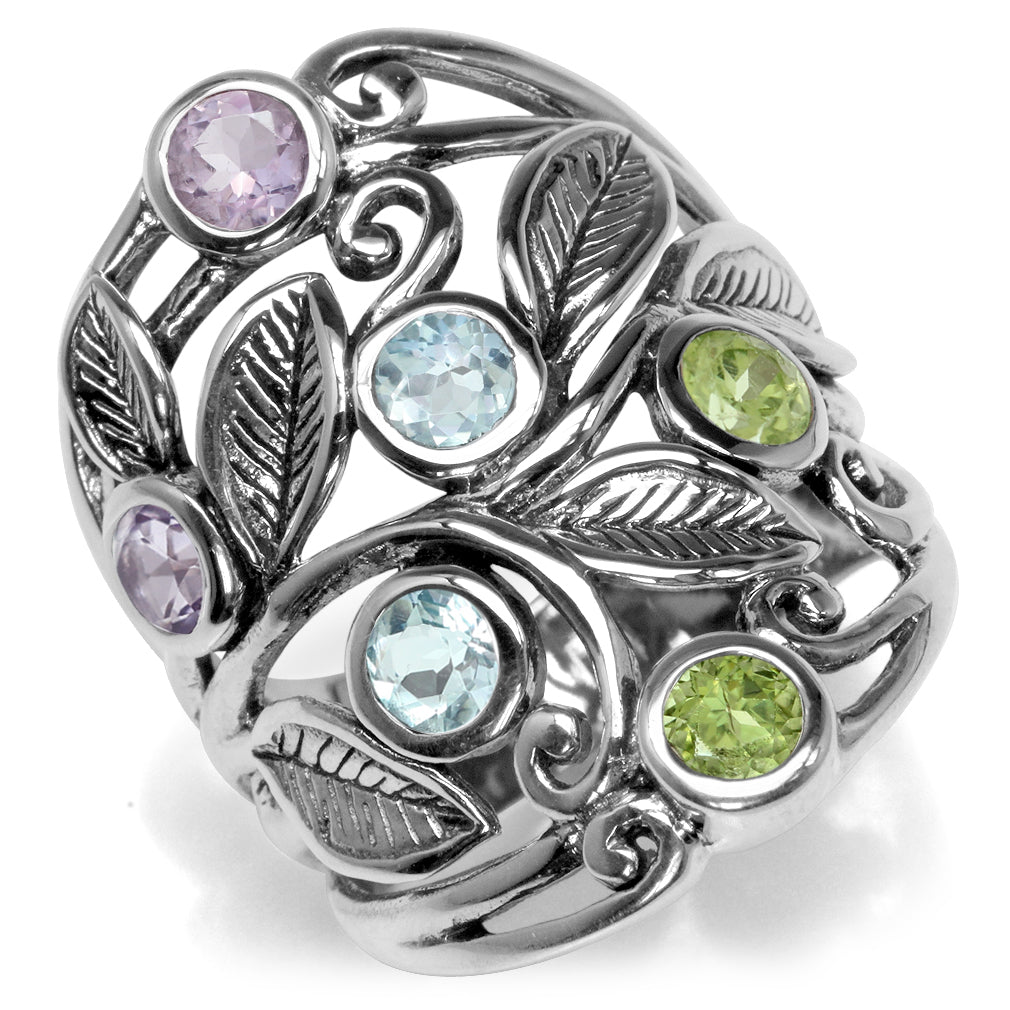 Natural Peridot Amethyst and Blue Topaz 925 Sterling Silver Filigree Leaf Ring - Silvershake-store