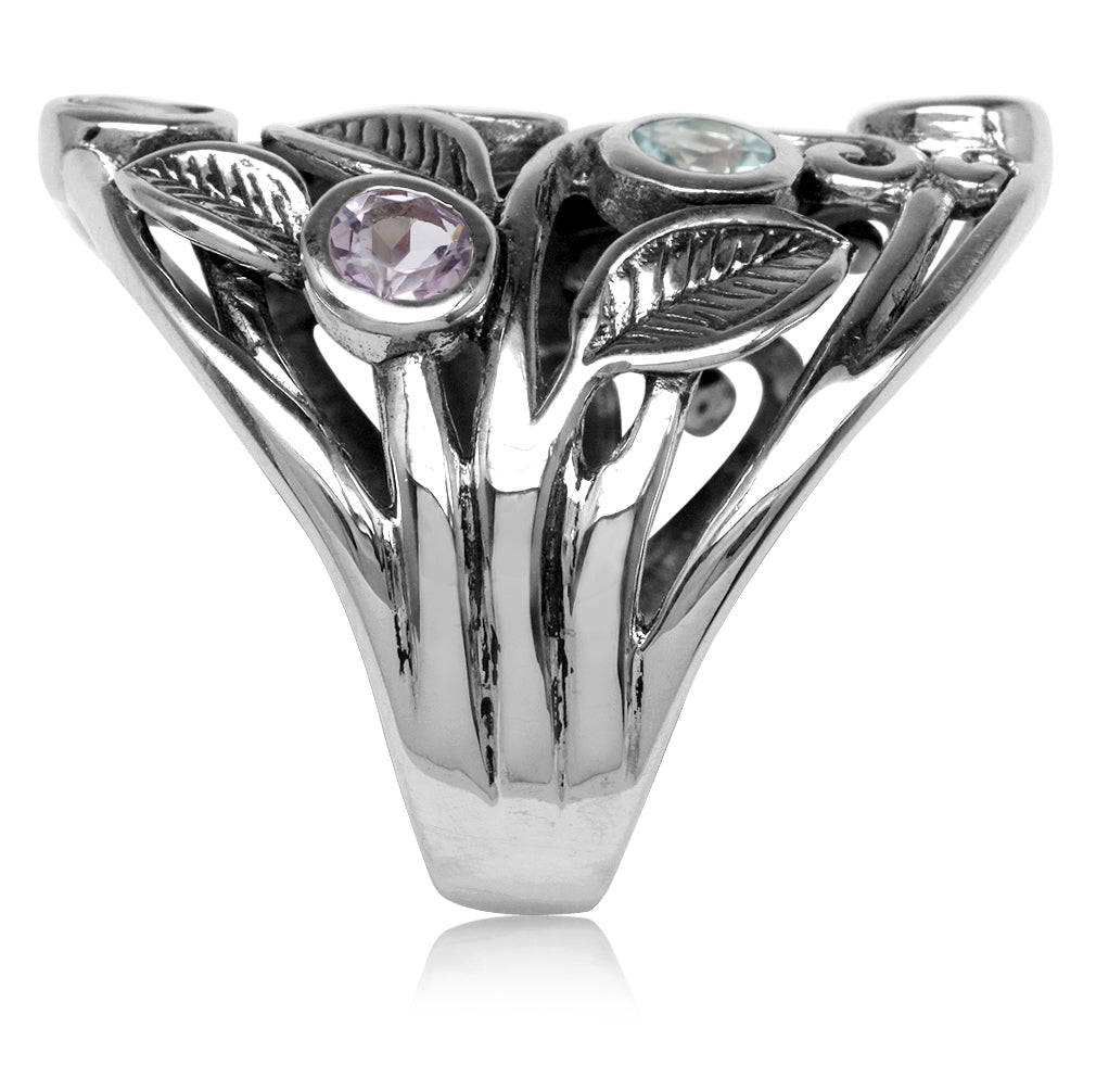 Natural Peridot Amethyst and Blue Topaz 925 Sterling Silver Filigree Leaf Ring - Silvershake-store