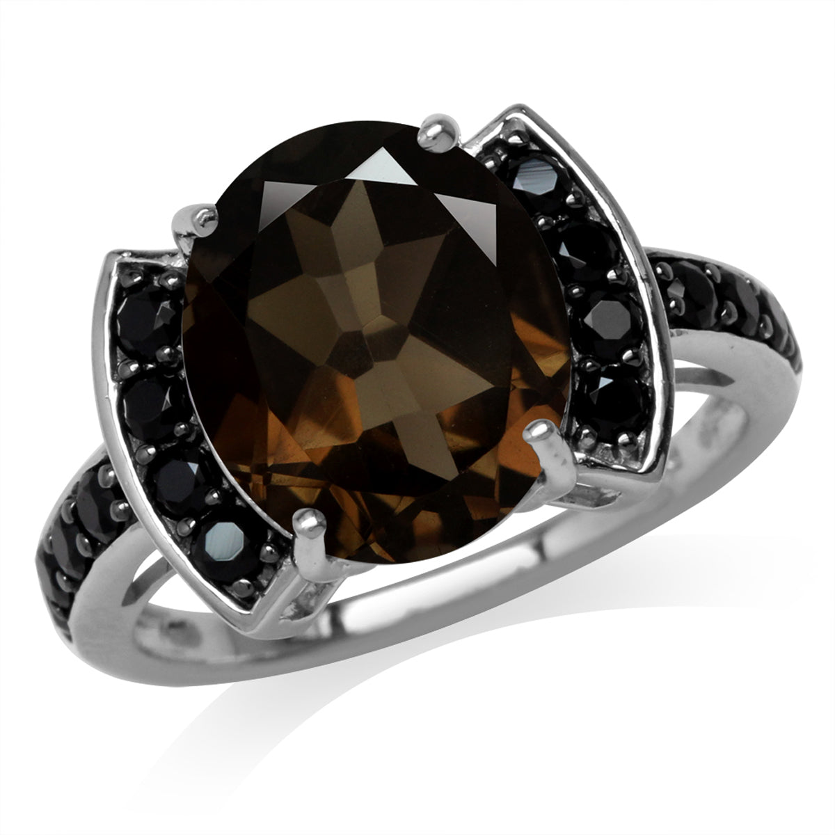 4.46ct. Natural Smoky Quartz & Black Spinel White Gold Plated 925 Sterling Silver Cocktail Ring silvershake