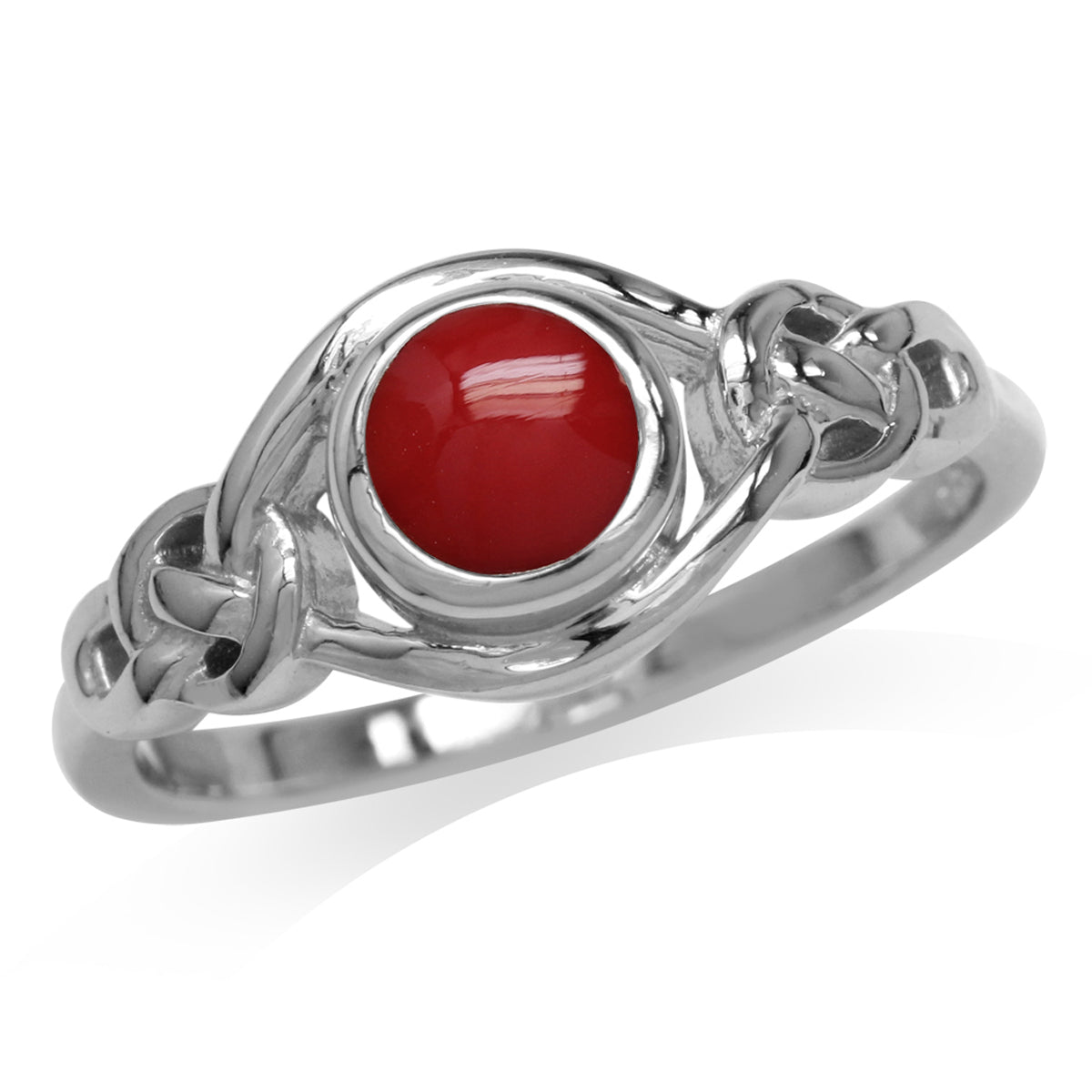 Created Red Coral White Gold Plated 925 Sterling Silver Celtic Knot Solitaire Ring - Silvershake-store