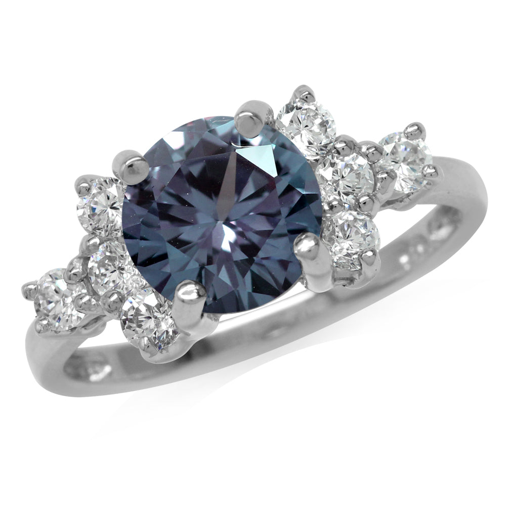 Round Shape Simulated Color Change Alexandrite and White Cubic Zirconia 925 Sterling Silver Ring - Silvershake-store