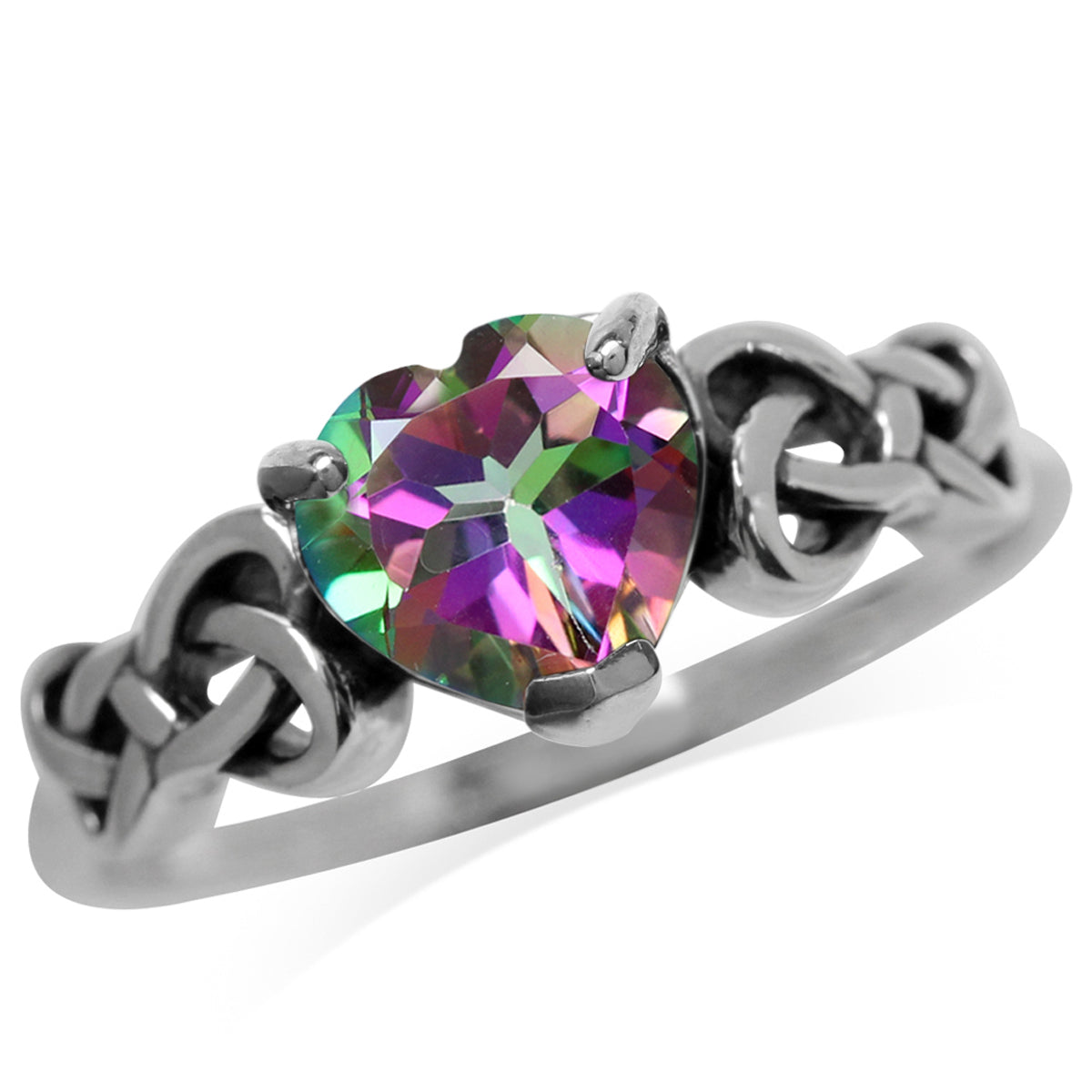 1.43ct. Heart Shape Mystic Fire Rainbow Topaz 925 Sterling Silver Celtic Knot Ring - Silvershake-store