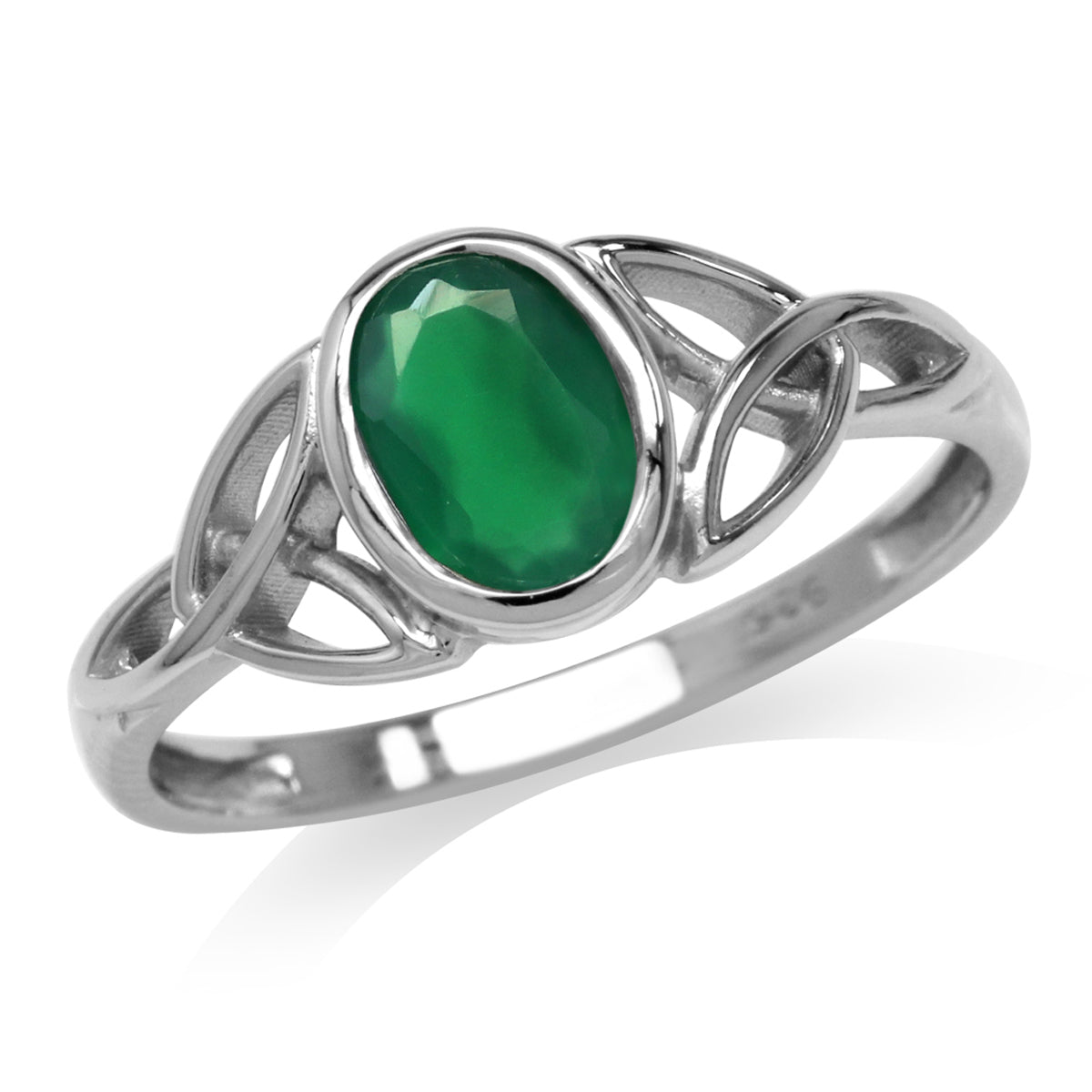 Natural Emerald Green Agate White Gold Plated 925 Sterling Silver Triquetra Celtic Knot Ring - Silvershake-store