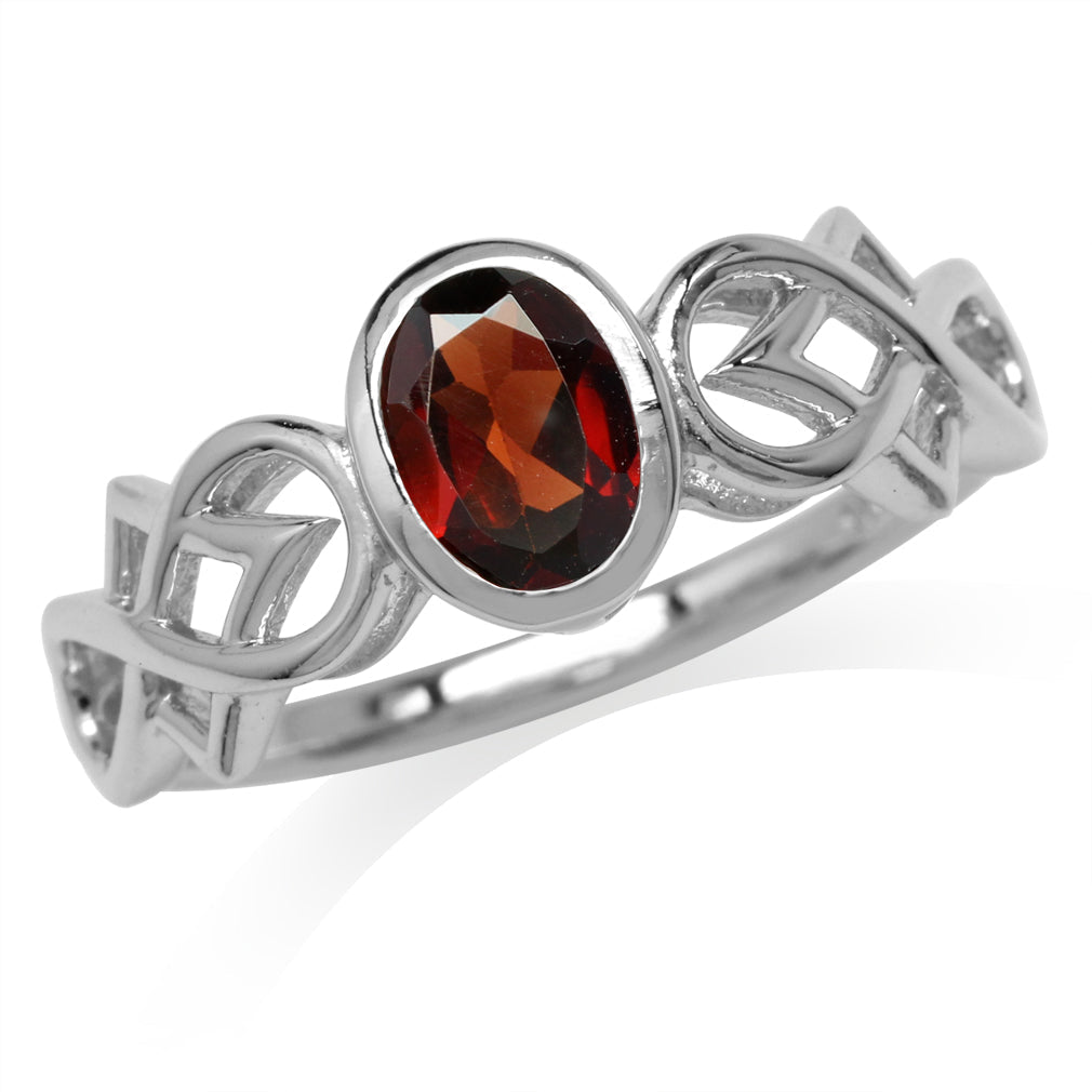 7X5mm Natural Oval Shape Red Garnet White Gold Plated 925 Sterling Silver Filigree Infinity Knot Ring January Gemstone Birthstone - Silvershake-store