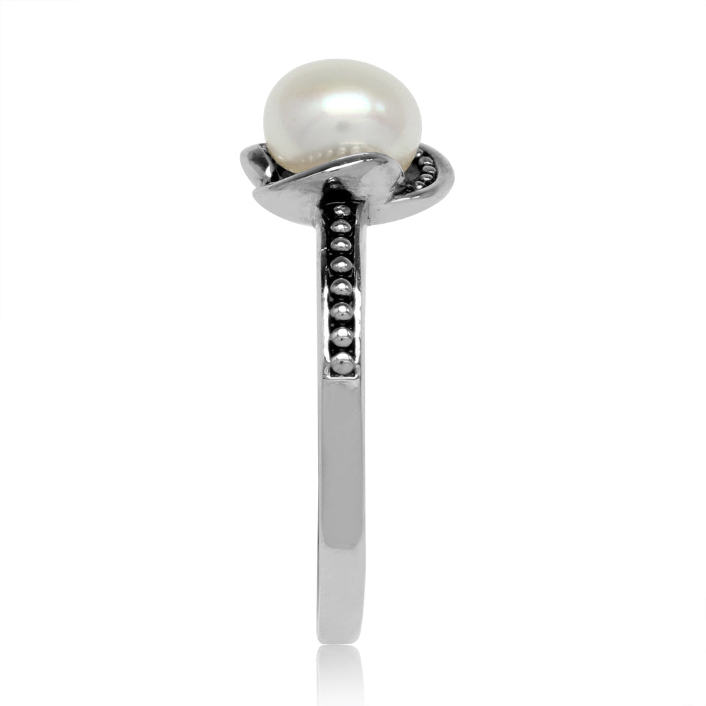 7mm Cultured Freshwater White Pearl 925 Sterling Silver Flower Ring - Silvershake-store