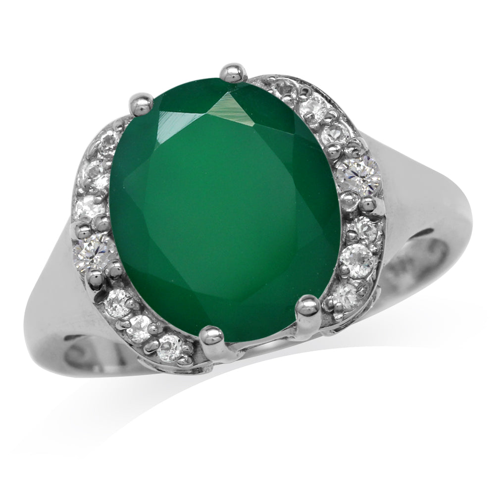 3.98ct. 12X10mm Natural Oval Shape Emerald Green Agate White Gold Plated 925 Sterling Silver Classic Ring - Silvershake-store