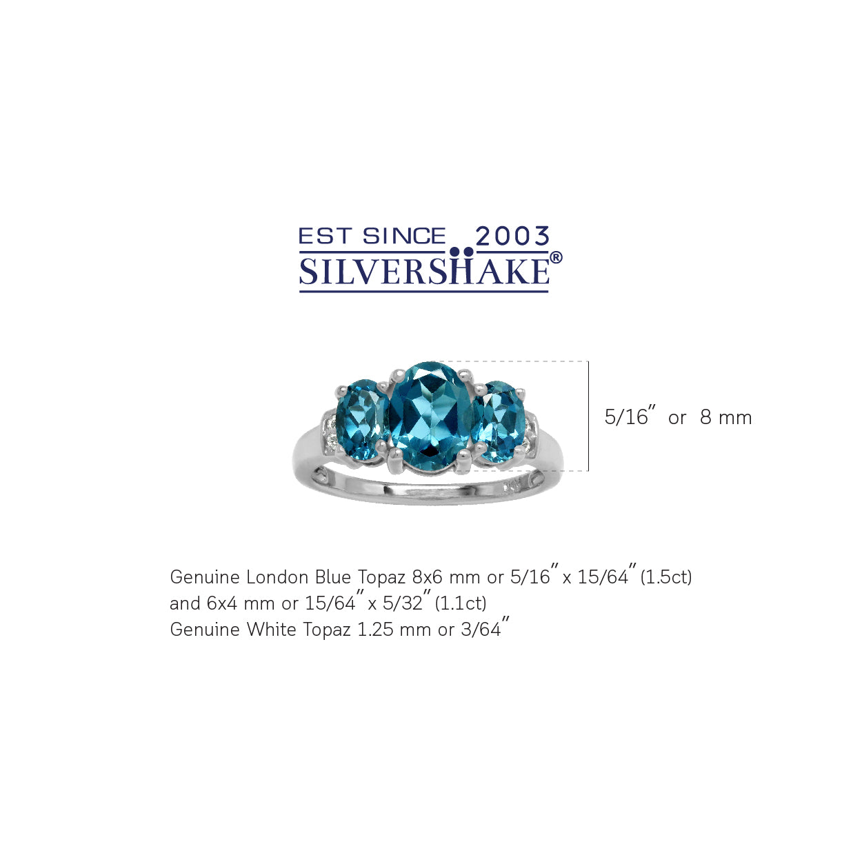 2.6ct. 3 Stone Genuine Oval Shape London Blue Topaz White Gold Plated 925 Sterling Silver Ring - Silvershake-store