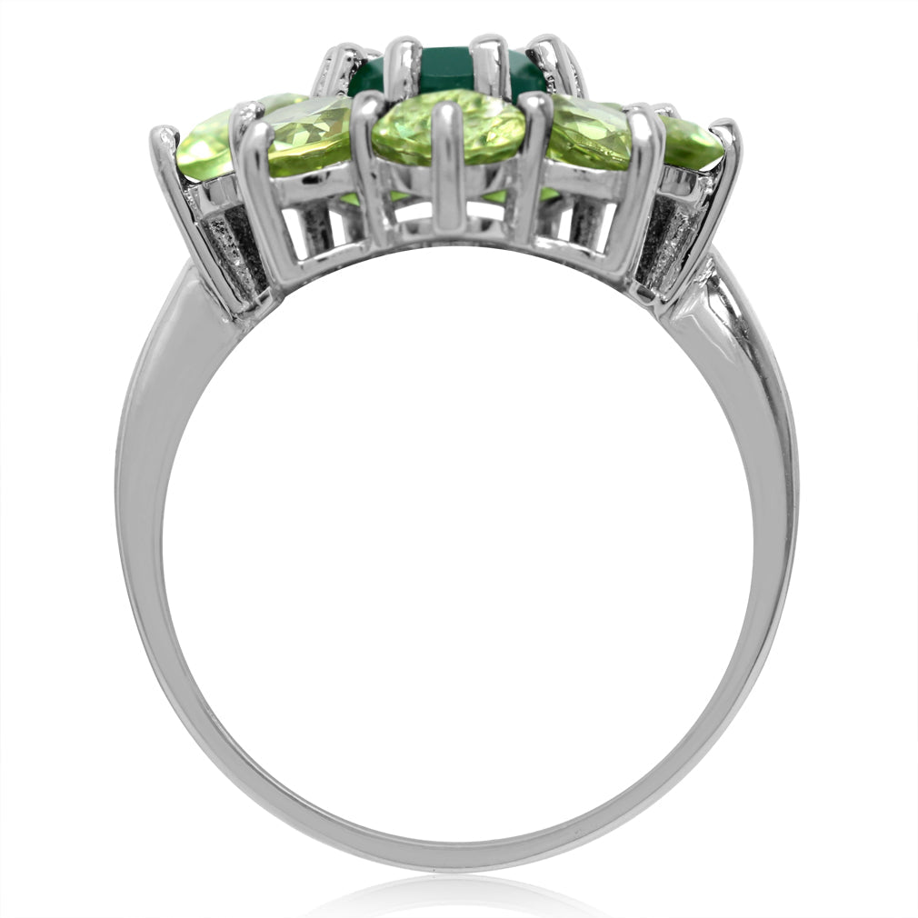 Natural Emerald Green Agate and Peridot White Gold Plated 925 Sterling Silver Flower Cluster Ring - Silvershake-store