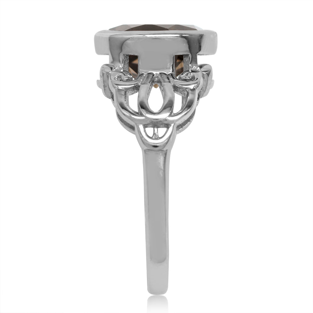 3.34 CTW 10MM Natural Round Shape Smoky Quartz White Gold Plated 925 Sterling Silver Scroll / Filigree Solitaire Gemstone Ring - Silvershake-store