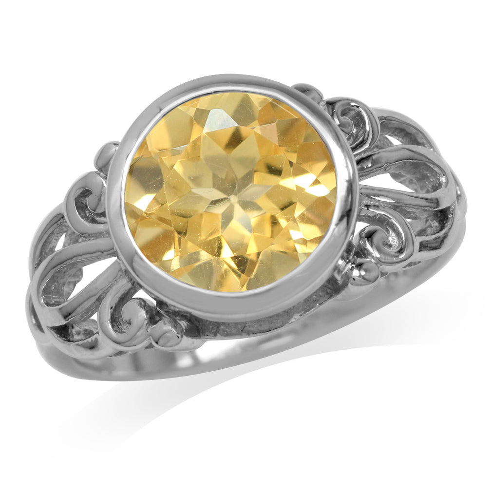 3.26 CTW 10MM Natural Round Shape Citrine White Gold Plated 925 Sterling Silver Scroll / Filigree Solitaire Ring November Gemstone Birthstone - Silvershake-store