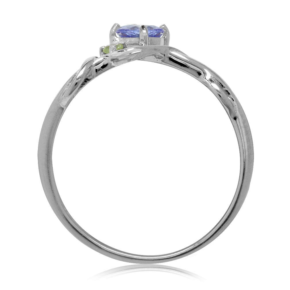 Petite Genuine Tanzanite and Peridot White Gold Plated 925 Sterling Silver Vine Leaf Ring - Silvershake-store