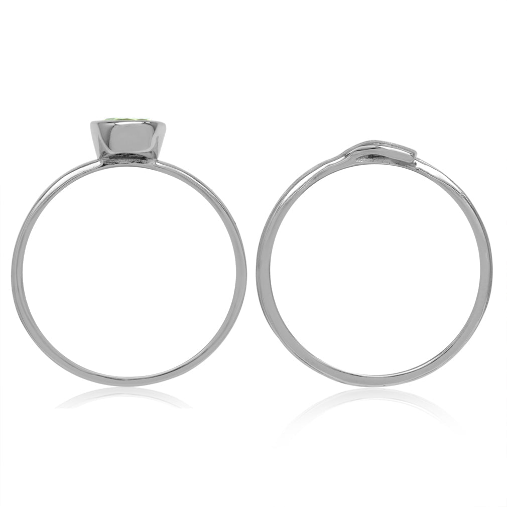 Set of 2 Natural Peridot White Gold Plated 925 Sterling Silver Bezel Set and Textured Band Ring - Silvershake-store