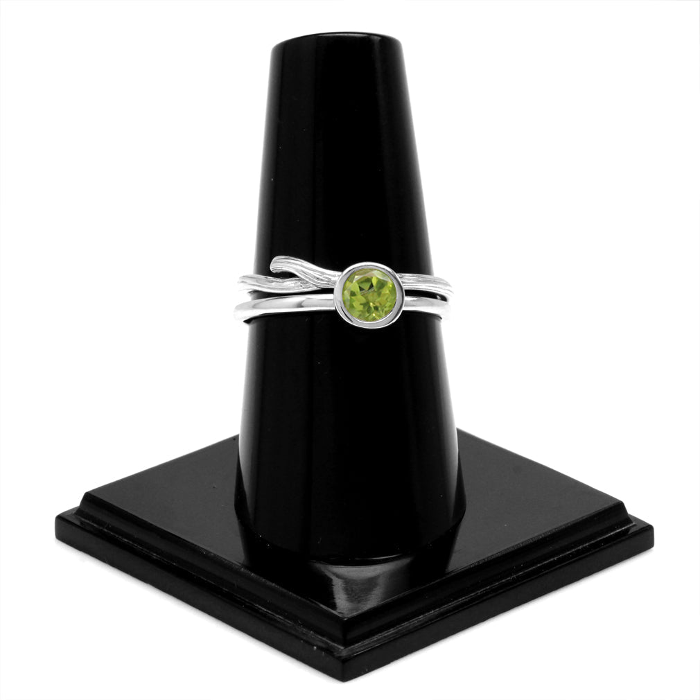 Set of 2 Natural Peridot White Gold Plated 925 Sterling Silver Bezel Set and Textured Band Ring - Silvershake-store