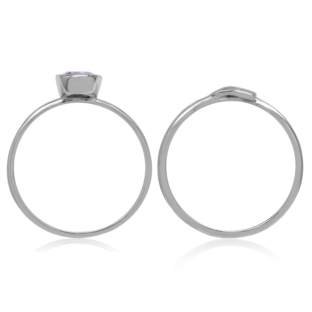 Set of 2 Natural Amethyst White Gold Plated 925 Sterling Silver Bezel Set and Textured Band Ring - Silvershake-store