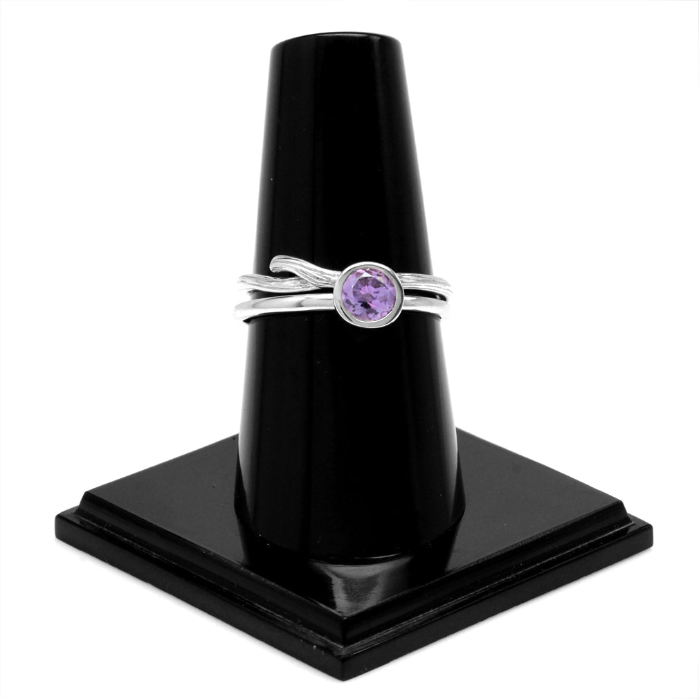 Set of 2 Natural Amethyst White Gold Plated 925 Sterling Silver Bezel Set and Textured Band Ring - Silvershake-store