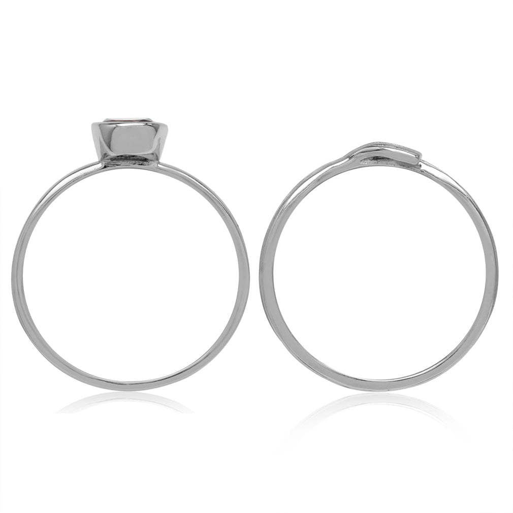 Set of 2 Natural Garnet White Gold Plated 925 Sterling Silver Bezel Set and Textured Band Ring - Silvershake-store