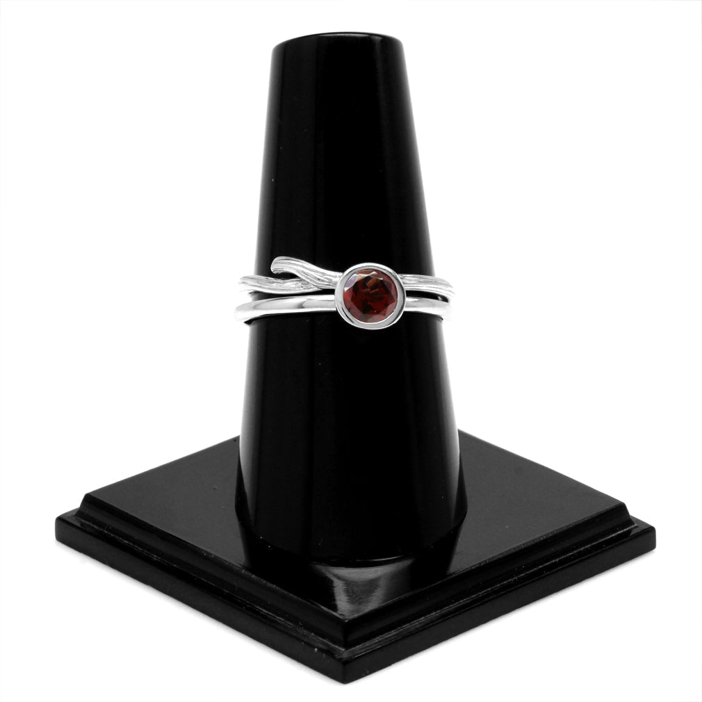 Set of 2 Natural Garnet White Gold Plated 925 Sterling Silver Bezel Set and Textured Band Ring - Silvershake-store
