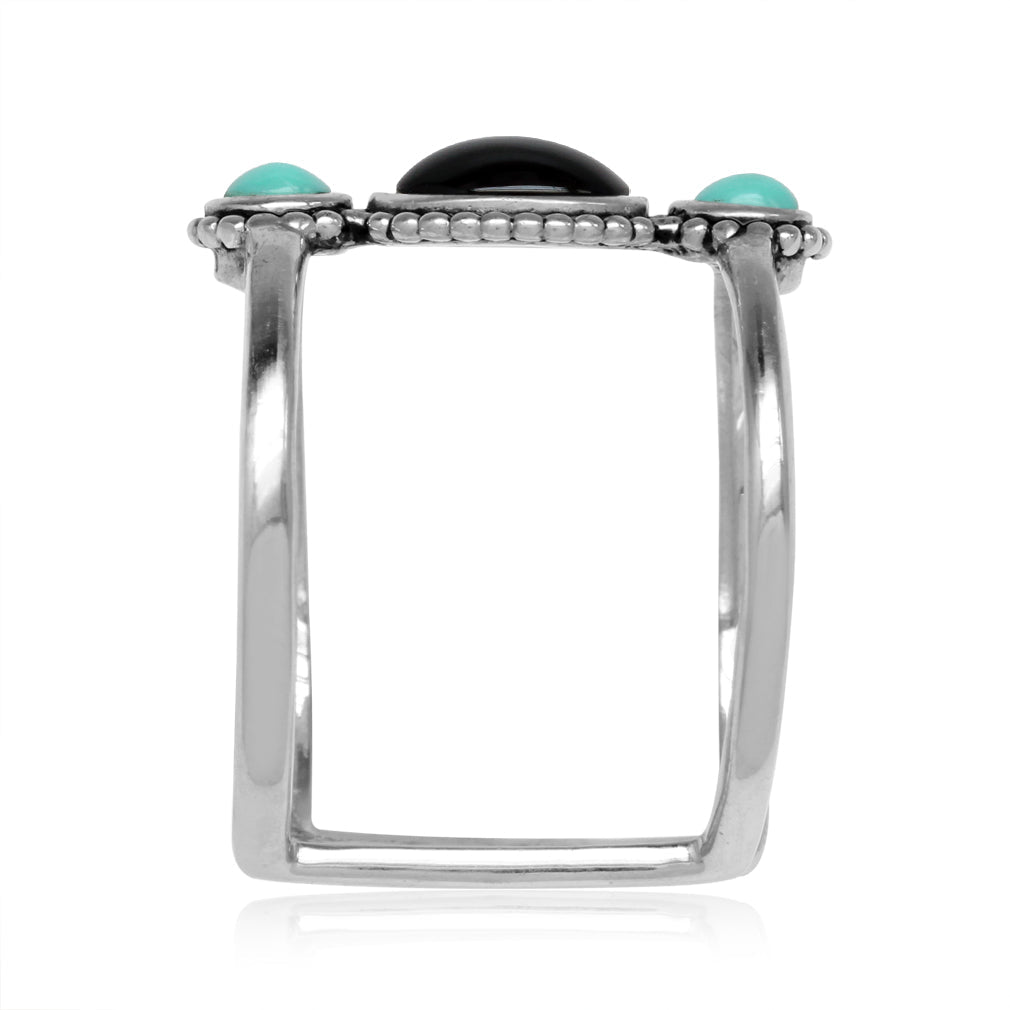 Created Black Onyx and Green Turquoise 925 Sterling Silver Balinese Style Cuff Ring - Silvershake-store