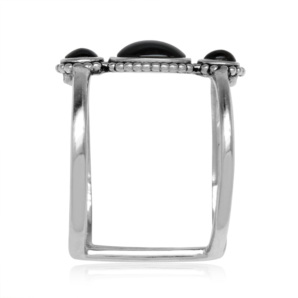 3 Stone Created Black Onyx 925 Sterling Silver Balinese Style Cuff Ring - Silvershake-store