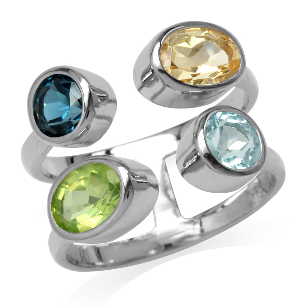 Citrine Peridot and London Blue Topaz White Gold Plated 925 Sterling Silver Modern Open Front Ring - Silvershake-store