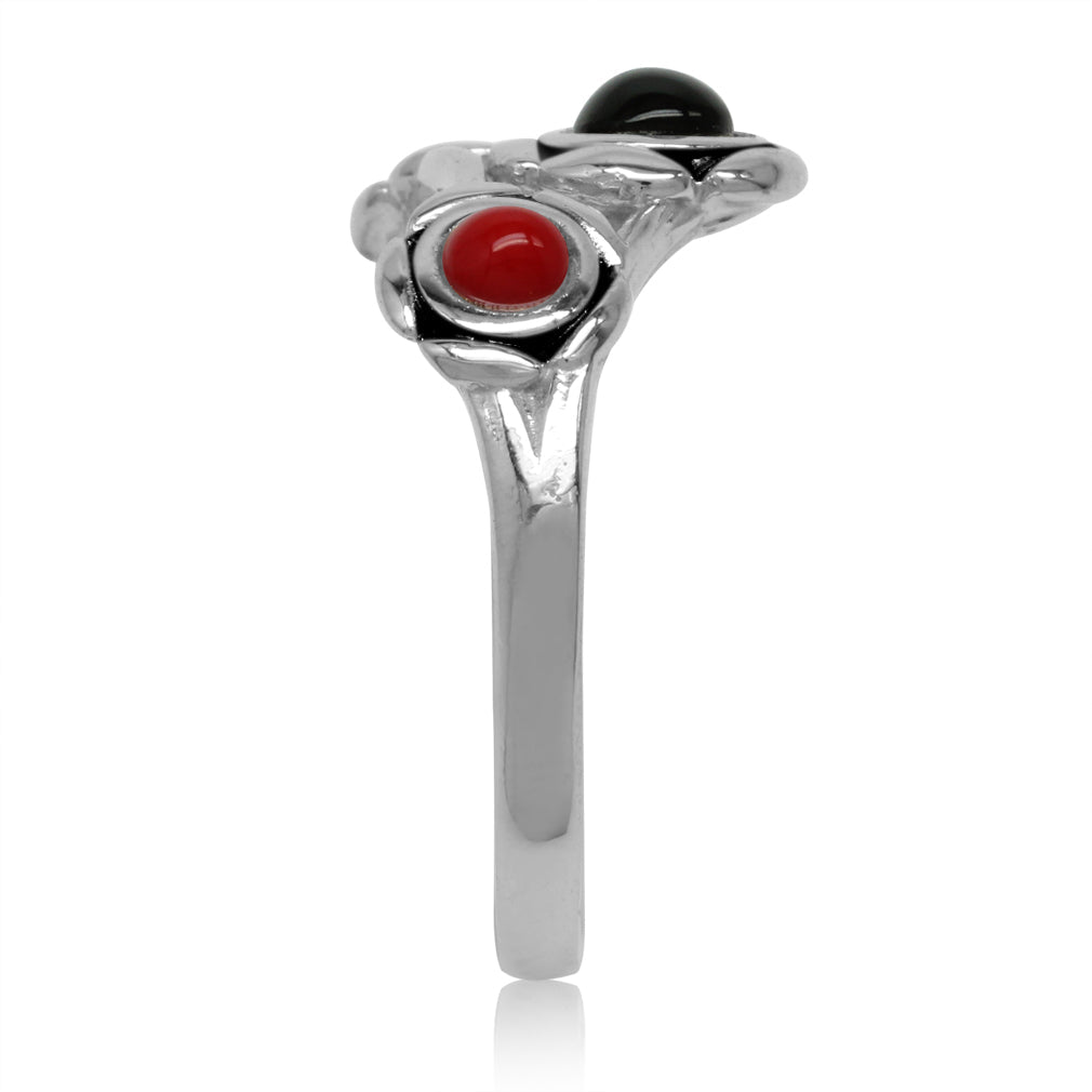 Created Black Onyx Green Turquoise and Red Coral 925 Sterling Silver Flower Ring - Silvershake-store