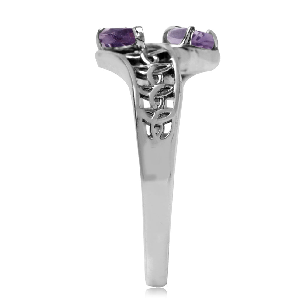 Natural Amethyst 925 Sterling Silver Filigree Triquetra Celtic Knot Bypass Ring - Silvershake-store