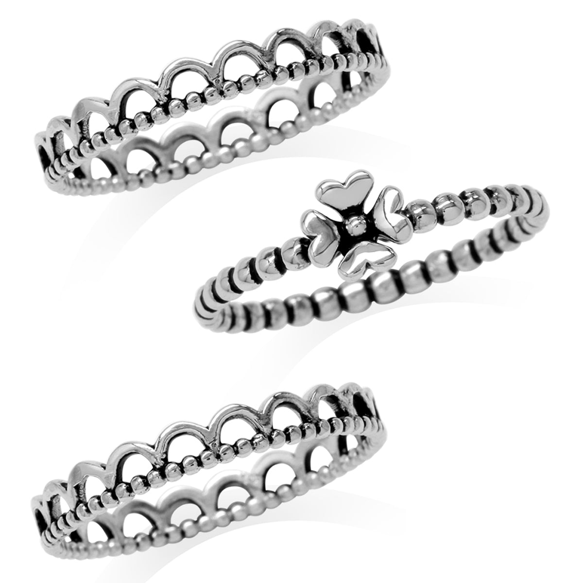 3 Piece Set 925 Sterling Silver Bead Ball Four Leaf Clover Eternity Band Stack Stackable Ring - Silvershake-store