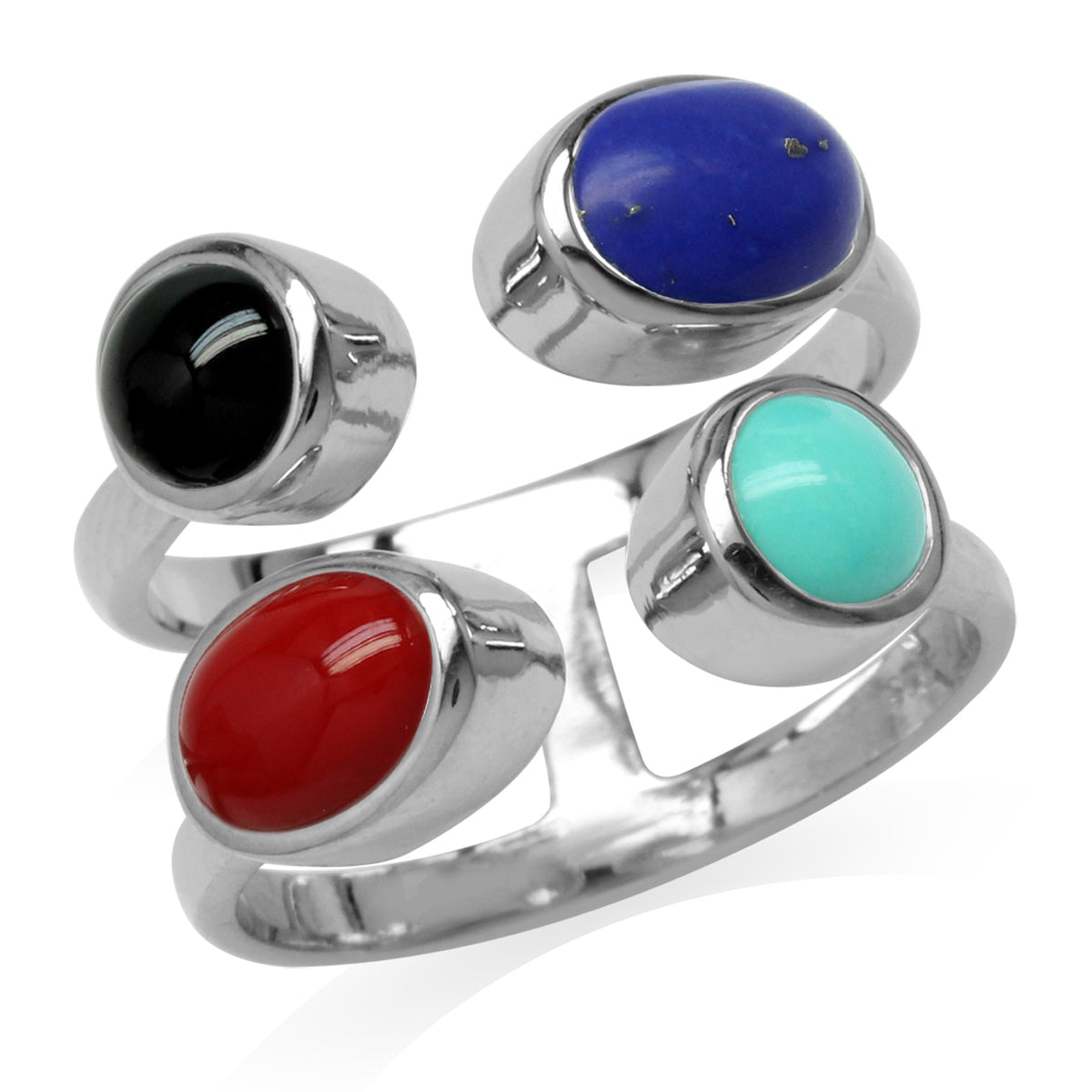 Created Coral, Lapis, Turquoise & Onyx White Gold Plated 925 Sterling Silver Modern Open Front Ring silvershake