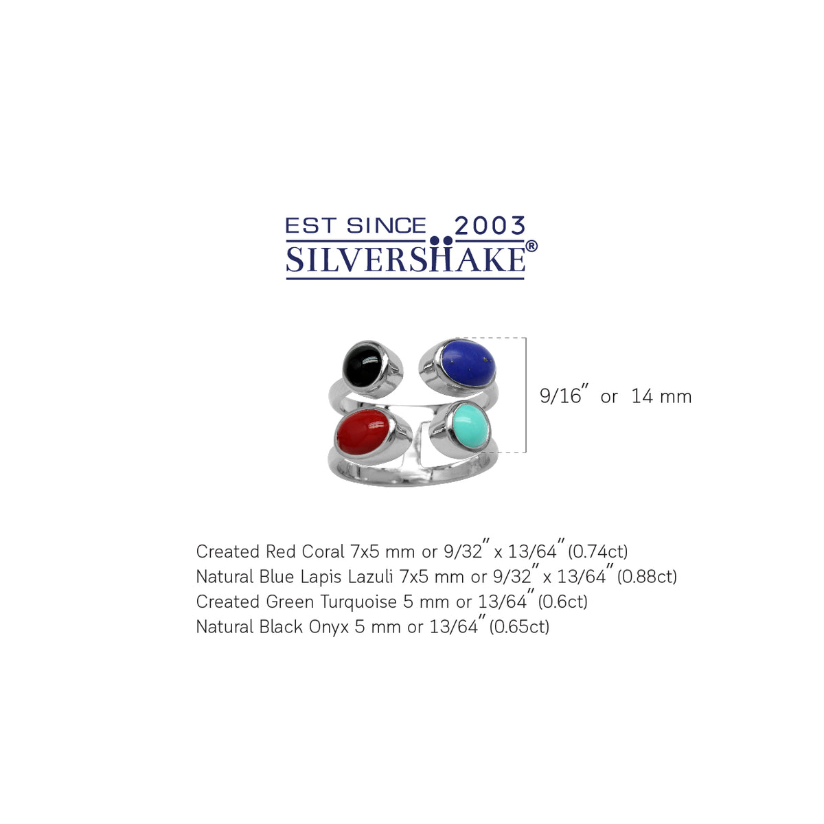 Created Coral, Lapis, Turquoise & Onyx White Gold Plated 925 Sterling Silver Modern Open Front Ring silvershake