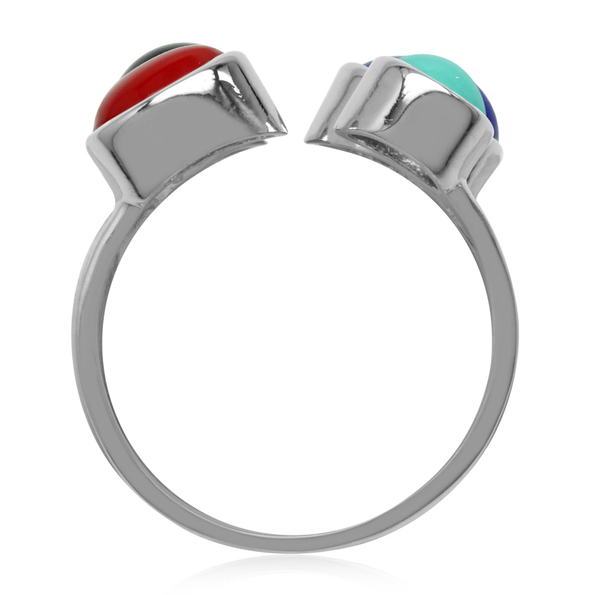 Created Coral, Lapis, Turquoise & Onyx White Gold Plated 925 Sterling Silver Modern Open Front Ring silvershake