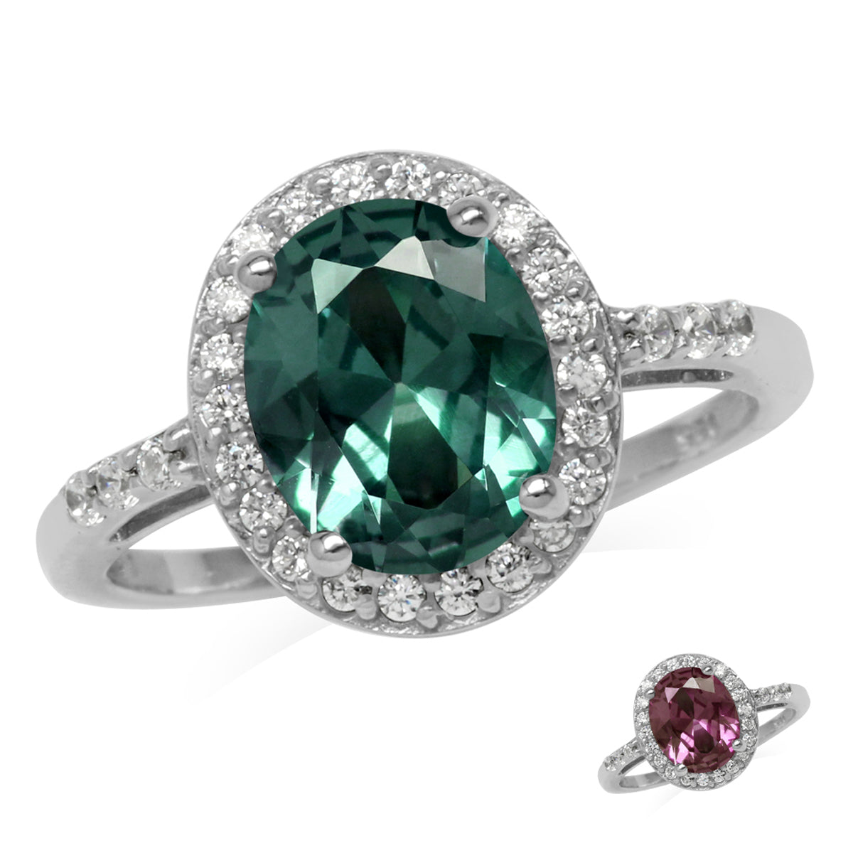 10x8MM Oval Shape Simulated Color Change Alexandrite 925 Sterling Silver Halo Engagement Ring
