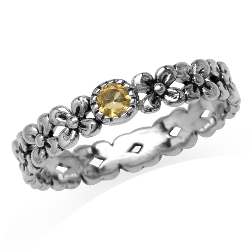 Petite Natural Citrine 925 Sterling Silver Flower Stack Stackable Eternity Ring - Silvershake-store