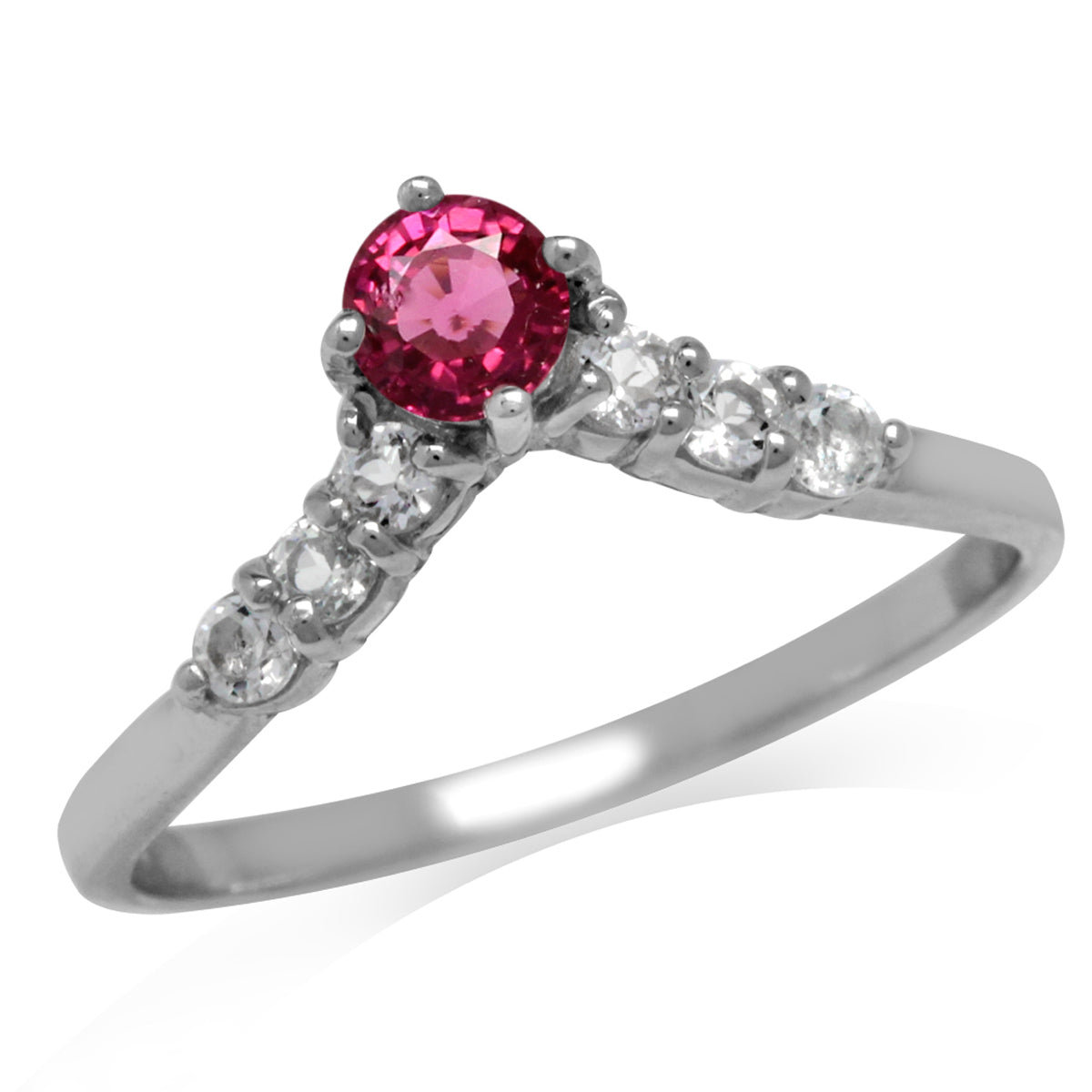 Natural Pink Tourmaline & White Topaz Gold Plated 925 Sterling Silver V-Shape Ring silvershake