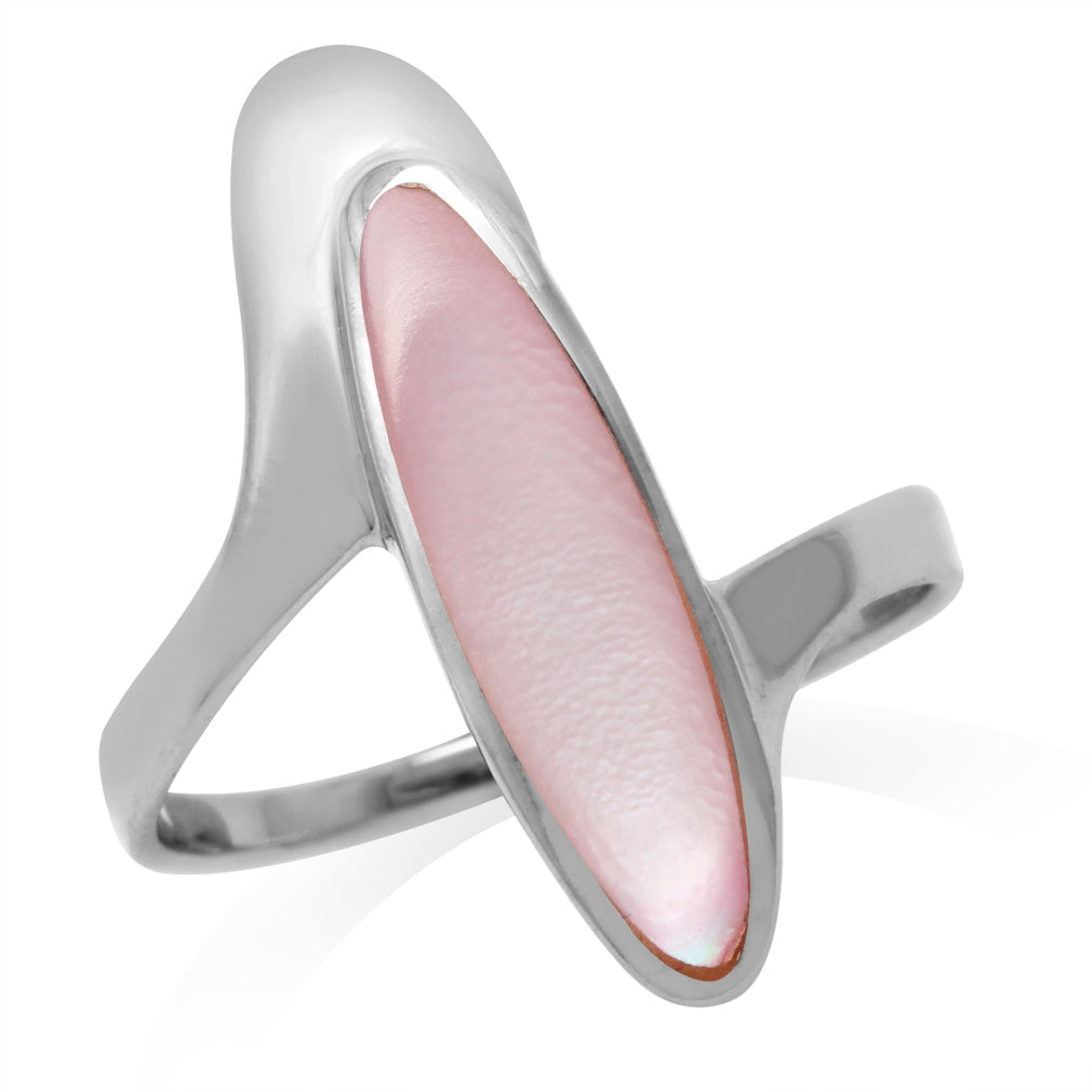 Long Pink Mother of Pearl Inlay White Gold Plated 925 Sterling Silver Modern Style Ring - Silvershake-store
