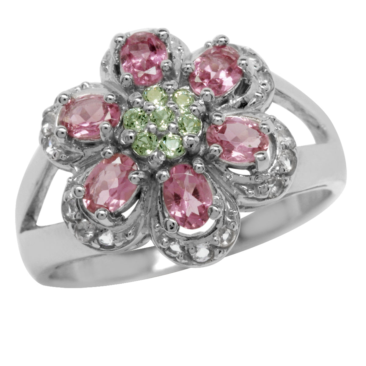 Natural Tourmaline, Peridot & White Topaz 925 Sterling Silver Flower Ring silvershake