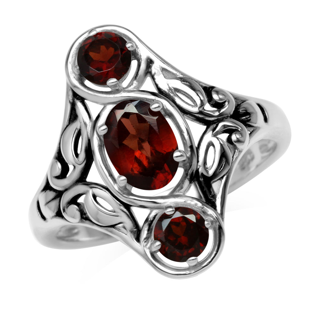 1.54ct. 3 Stone Natural Garnet 925 Sterling Silver Filigree Ring - Silvershake-store