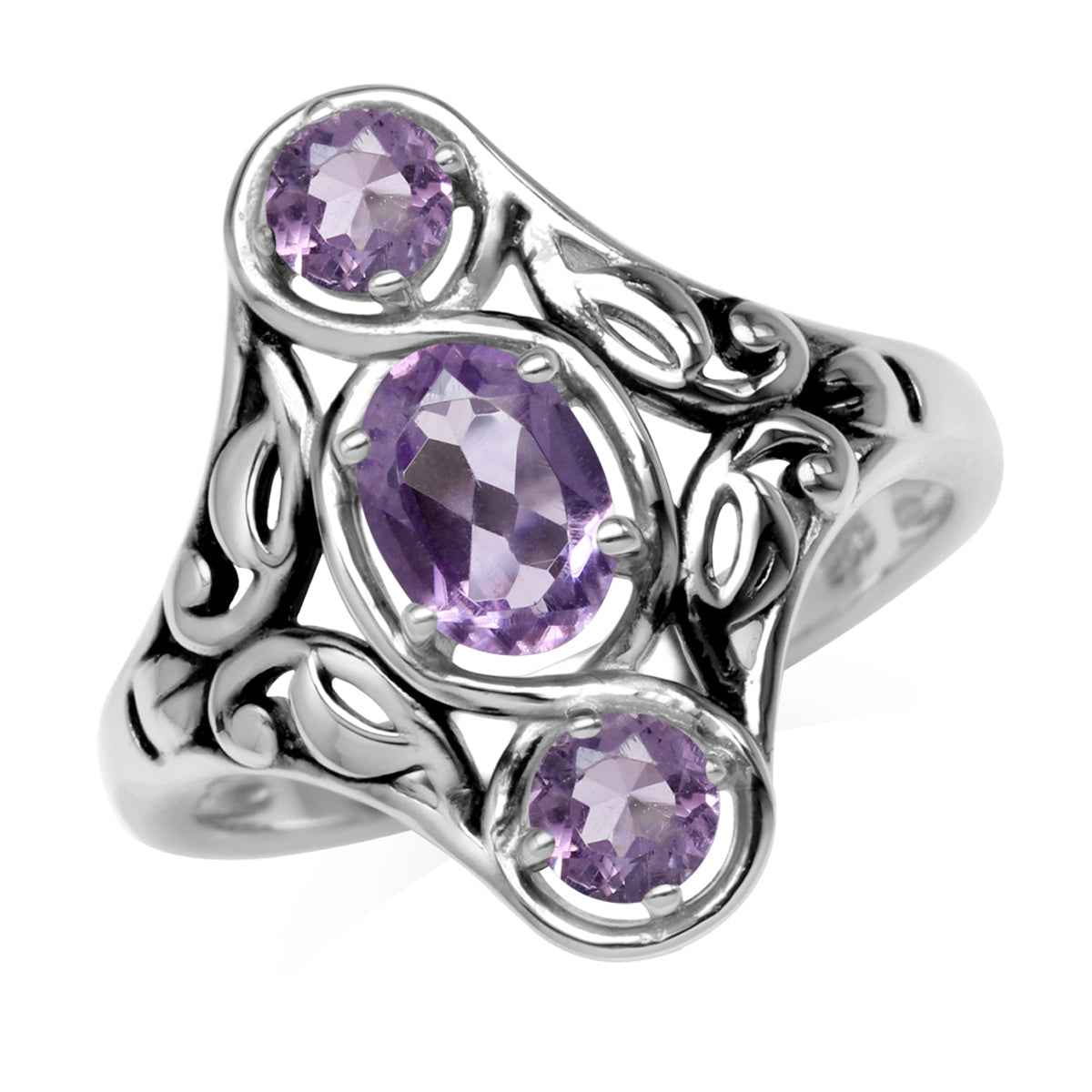 1.24ct. 3 Stone Natural Amethyst 925 Sterling Silver Filigree Ring