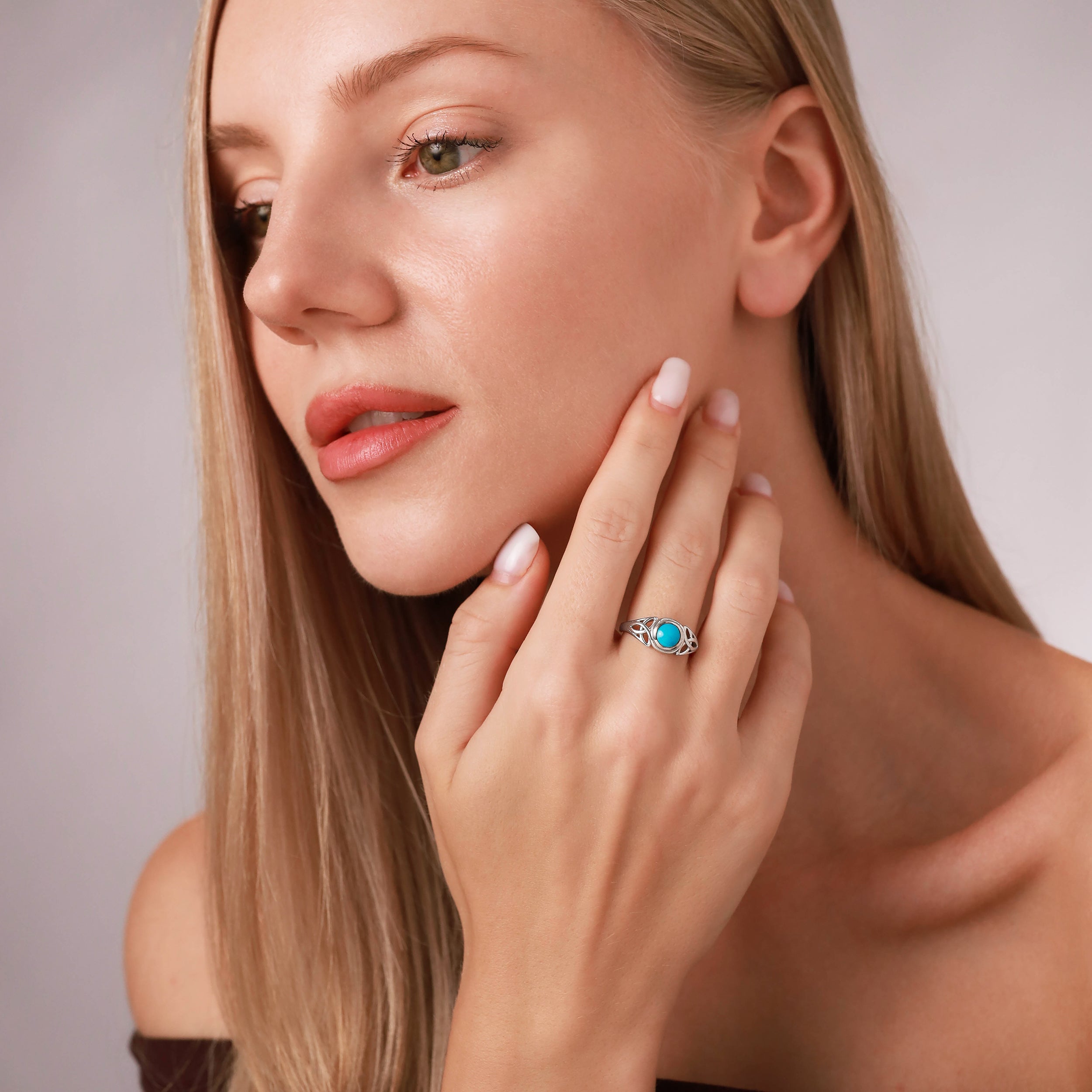 6mm Genuine Round Arizona American Turquoise White Gold Plated 925 Sterling Silver Triquetra Celtic Knot Ring Jewelry for Women - Silvershake-store