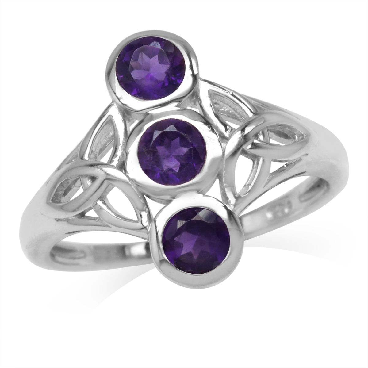 3-Stone 4MM Natural Round Shape African Amethyst 925 Sterling Silver Triquetra Celtic Knot Ring silvershake