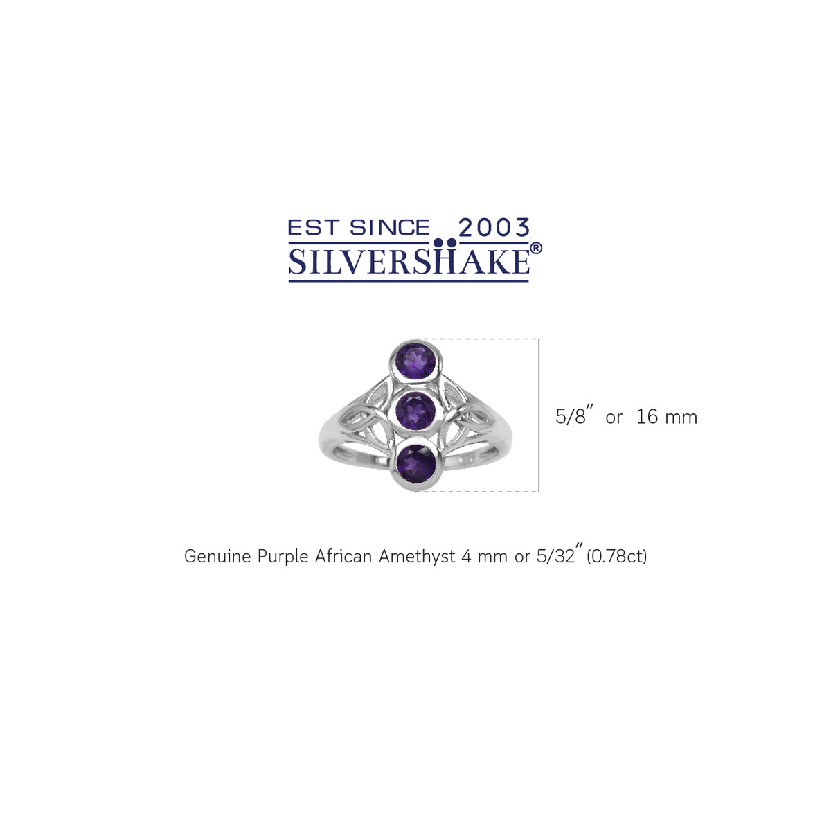 3-Stone 4MM Natural Round Shape African Amethyst 925 Sterling Silver Triquetra Celtic Knot Ring silvershake