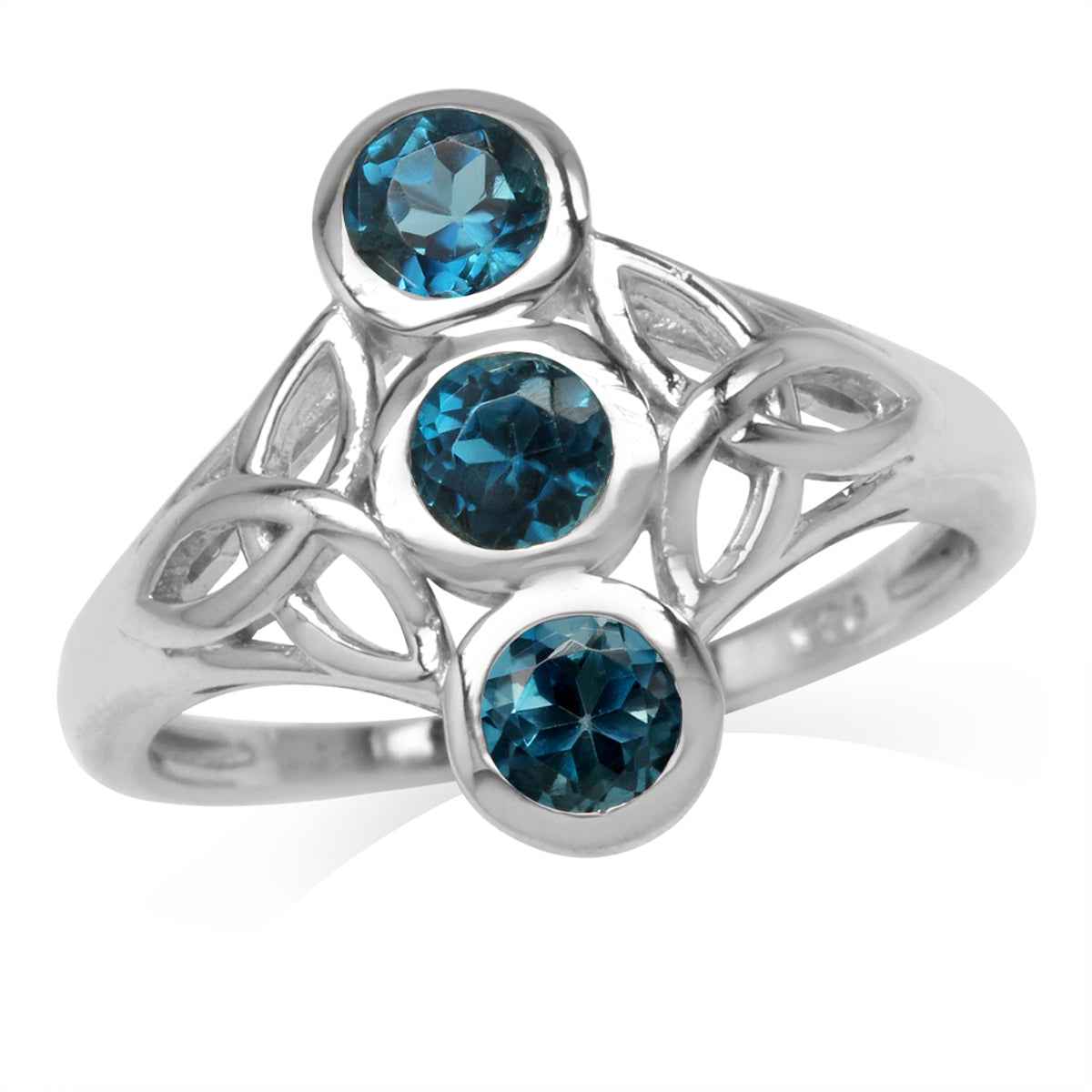 1.02ct. 3 Stone 4mm Genuine Round London Blue Topaz 925 Sterling Silver Triquetra Celtic Knot Ring