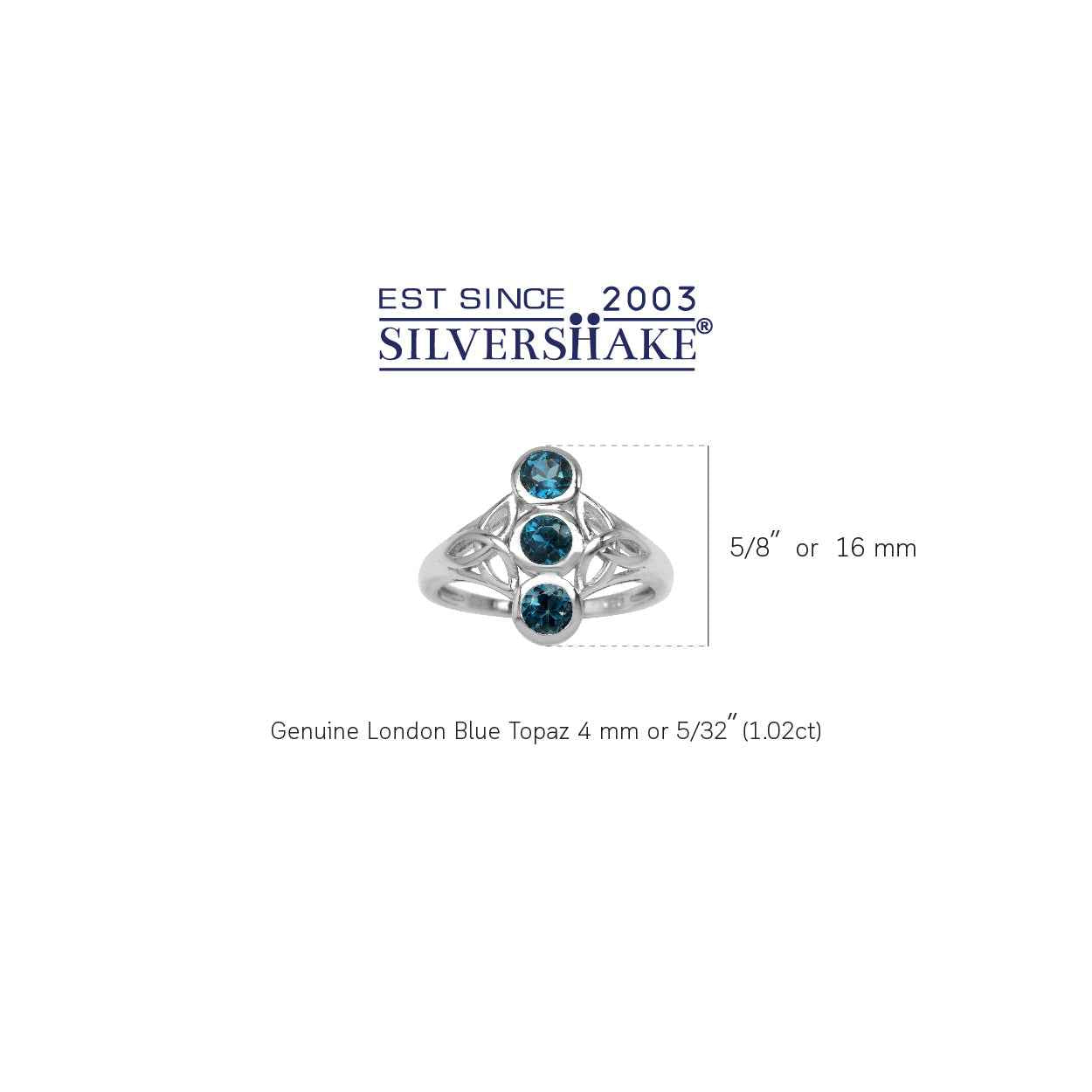 1.02ct. 3 Stone 4mm Genuine Round London Blue Topaz 925 Sterling Silver Triquetra Celtic Knot Ring
