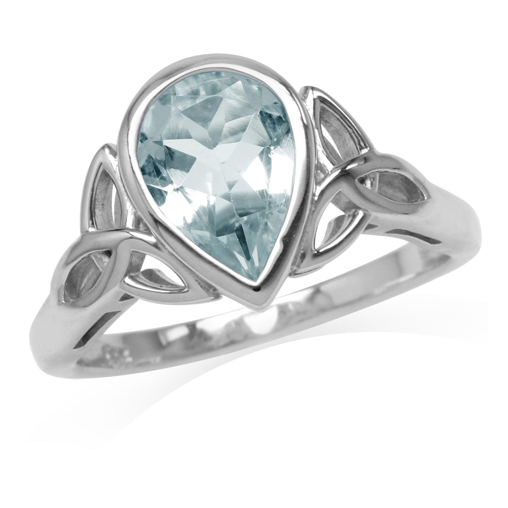 1.43 CTW 10X7mm Genuine Pear Shape Light Blue Aquamarine White Gold Plated 925 Sterling Silver Triquetra Celtic Knot Solitaire Ring March Gemstone Birthstone - Silvershake-store