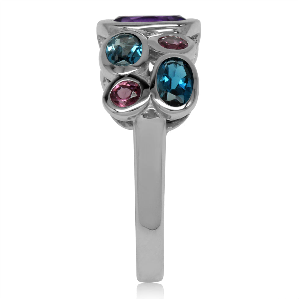Genuine Amethyst Rhodolite Garnet and London Blue Topaz 925 Sterling Silver Cluster Cocktail Ring - Silvershake-store