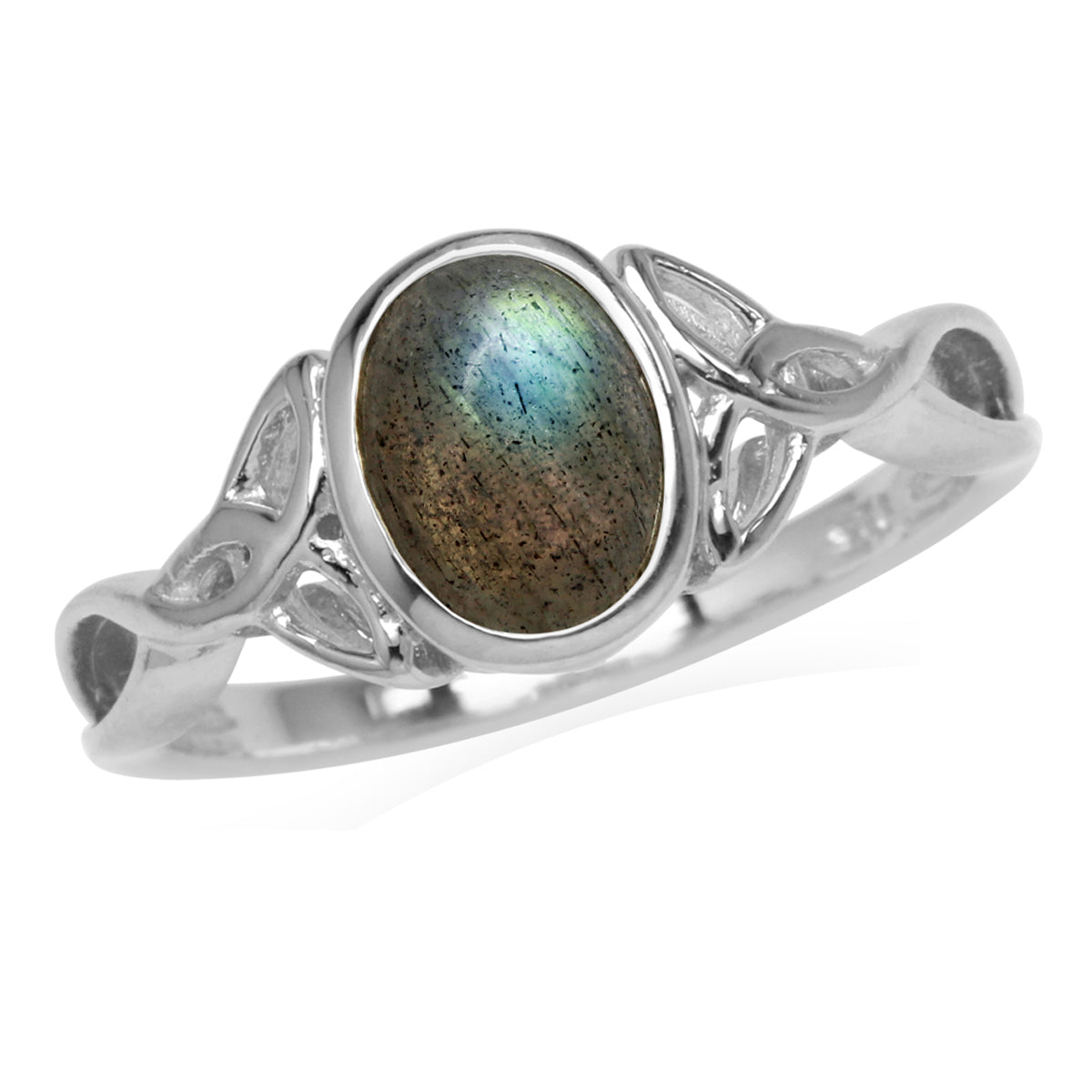 8X6mm Oval Shape Labradorite White Gold Plated 925 Sterling Silver Triquetra Celtic Knot Ring - Silvershake-store