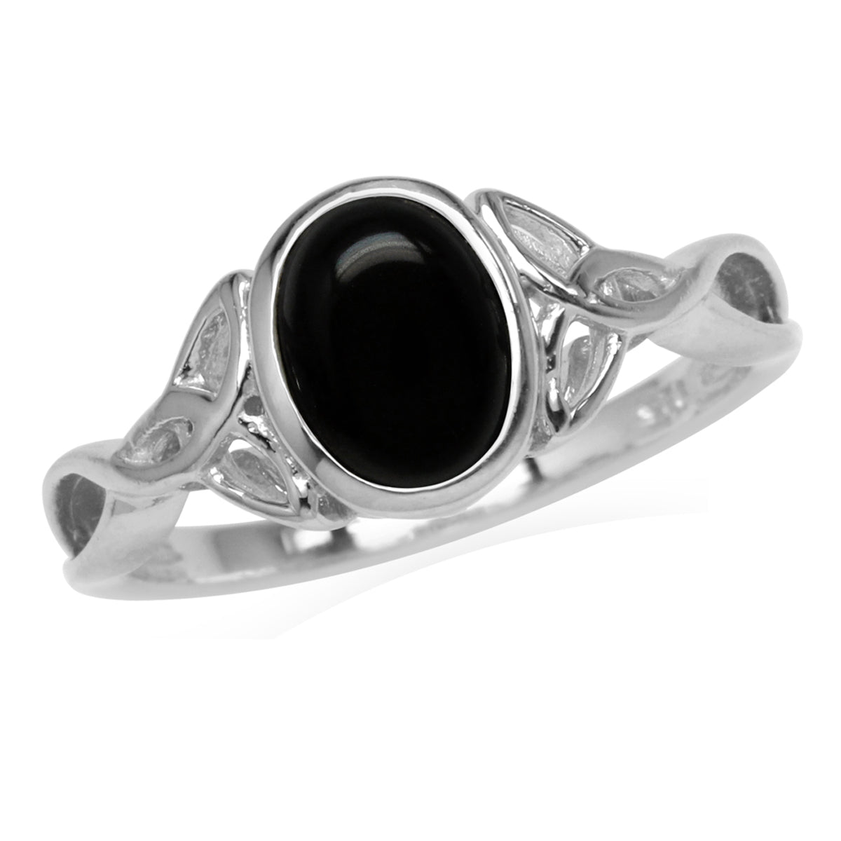 8X6mm Genuine Oval Shape Black Onyx White Gold Plated 925 Sterling Silver Triquetra Celtic Knot Ring - Silvershake-store